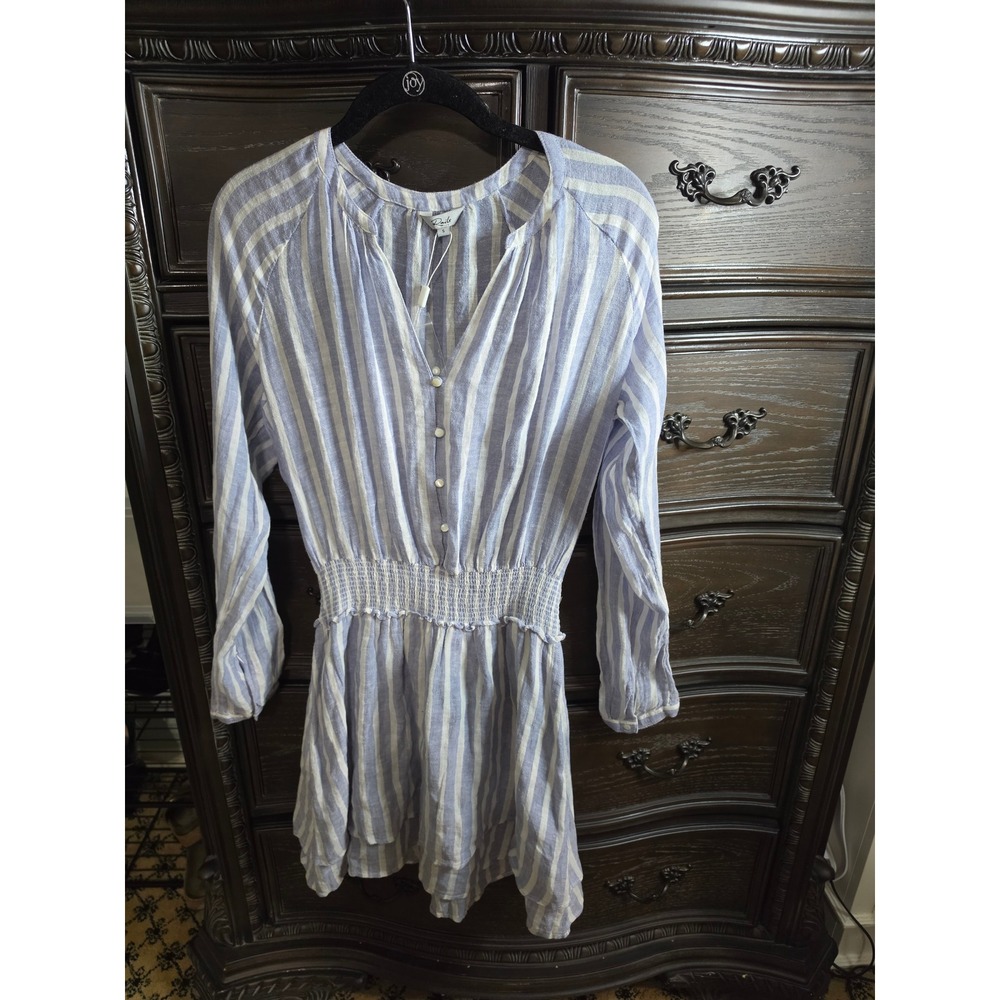 Rails Jasmine Rhone Stripe Linen Blend Smocked Mini Dress Blue White Small NWT